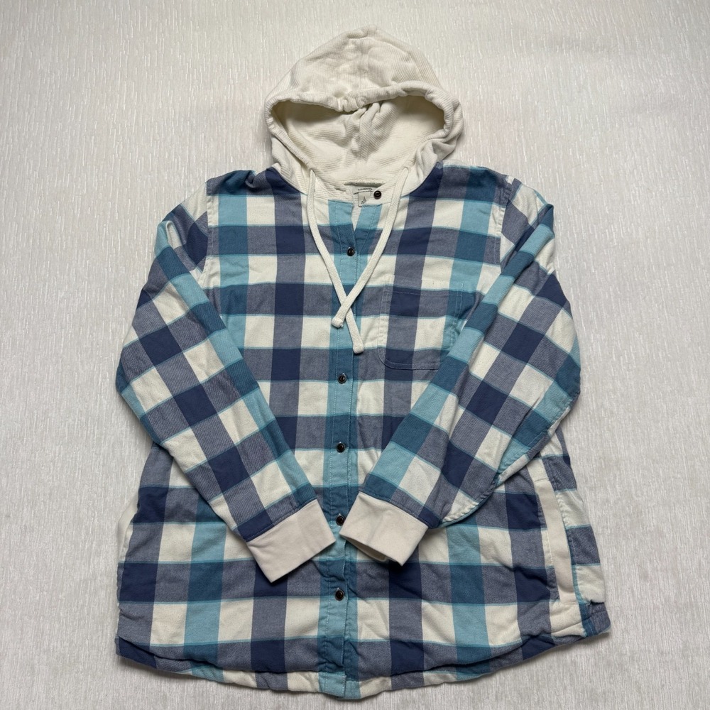 L.L.Bean Flannel Shirt Jacket Women Large Blue White Buffalo Plaid Cotton Hooded